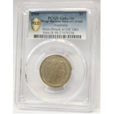 AUSTRALIA 2000 . ONE 1 DOLLAR COIN . ERROR . MULE . STRUCK ON TEN CENT